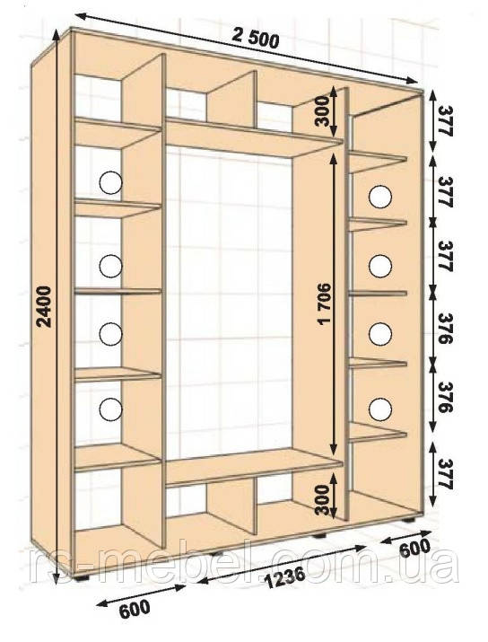Шафа-купе 2500*600*2400, 3 двері (Алекса)