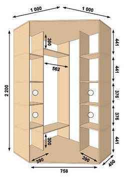 Шафа-купе кутова 1000*1000*2200, 2 двері (Алекса)