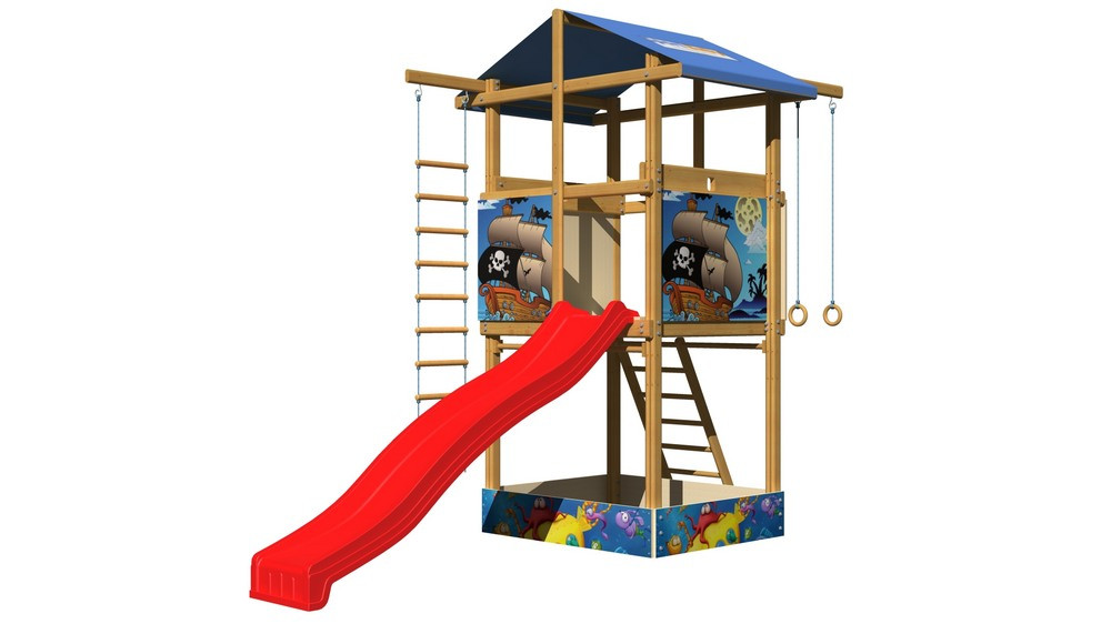 Дитячий майданчик SportBaby №7 дерев'яна вежа з гіркою мотузяною драбиною