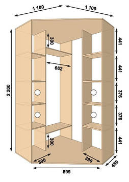 Шафа-купе кутова 1100х1100х2200, 2 двері (Алекса)