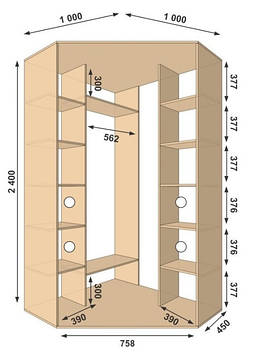 Шафа-купе кутова 1000*1000*2400, 2 двері (Алекса)