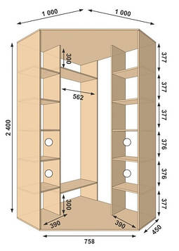 Шафа-купе кутова 1000х1000х2400, 2 двері (Алекса)