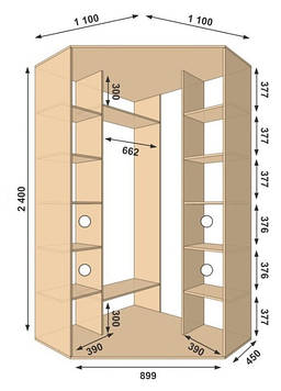 Шафа-купе кутова 1100*1100*2400, 2 двері (Алекса)