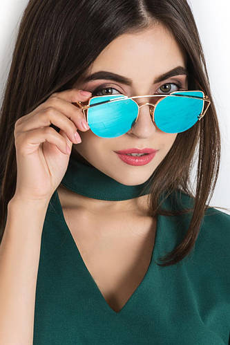 Купить Солнцезащитные очки голубые круглые в золотой металлической ...