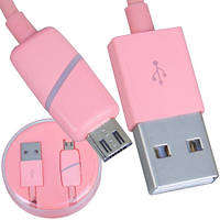 Шнур провод для зарядки (шнур компьютерный), штекер USB А - штекер micro USB, в колбе, 1м, розовый
