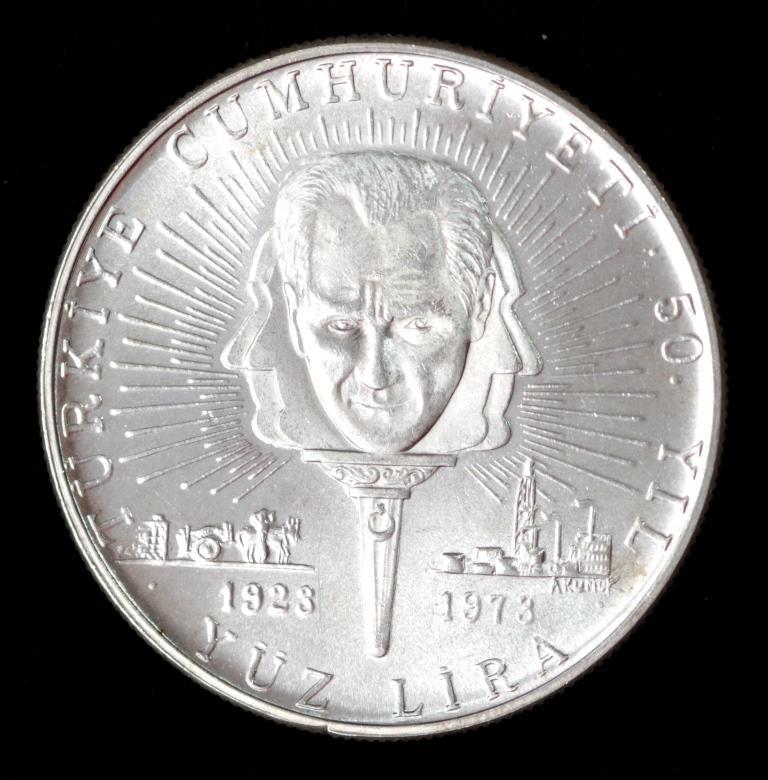 Монета Туреччина 100 лір 1973 г Срібло, фото 1