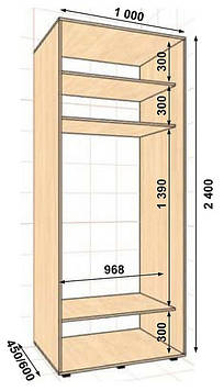 Шафа-купе 1000х450х2400, 2 двері (Алекса)