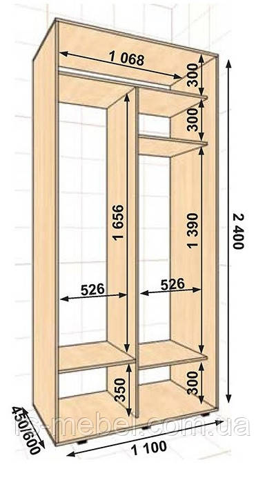 Шафа-купе 1100х600х2400, 2 двері (Алекса)