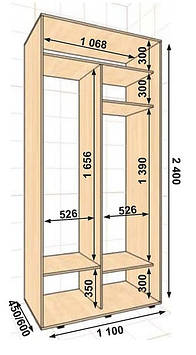 Шафа-купе 1100*450*2400, 2 двері (Алекса)