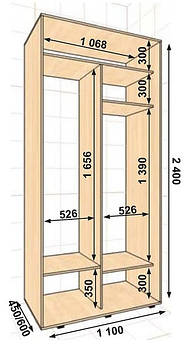 Шафа-купе 1100х450х2400, 2 двері (Алекса)