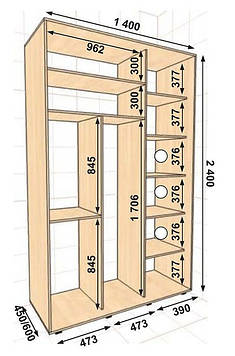 Шафа-купе 1400х450х2400, 2 двері (Алекса)