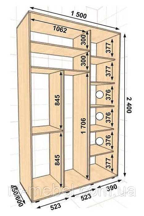 Шафа-купе 1500*450*2400, 2 двері (Алекса)