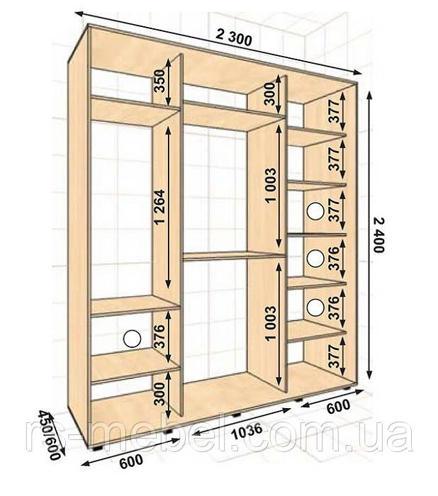 Шафа-купе 2300х600х2400, 3 двері (Алекса), фото 1