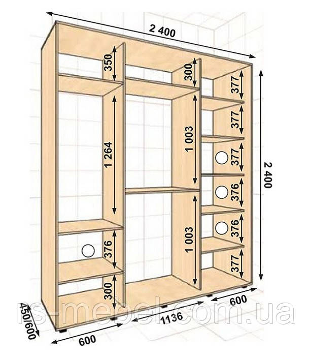 Шафа-купе 2400х450х2400, 3 двері (Алекса), фото 1