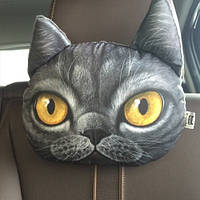 Подушка-подголовник в автомобиль с ярким 3D принтом животного серая Кошка.