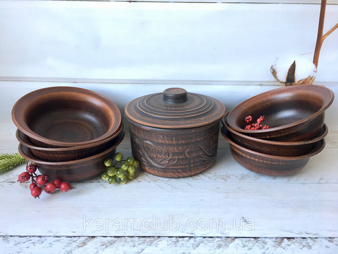 Набір з червоної глини Керамклуб каструля 1,7 л і 6 мисок 600 мл, фото 1