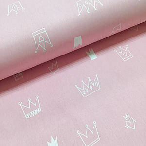 Тканина поплін корони та сердечка на рожевому (ТУРЦІЯ шир. 2,4 м) №32-223