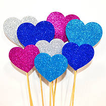 Топер 1 шт на Паличці СЕРДЕЧКО 5СМ Серце Гліттер Мікс Кольорів Блискучий Топпери для Торта Топер на капкейки декор