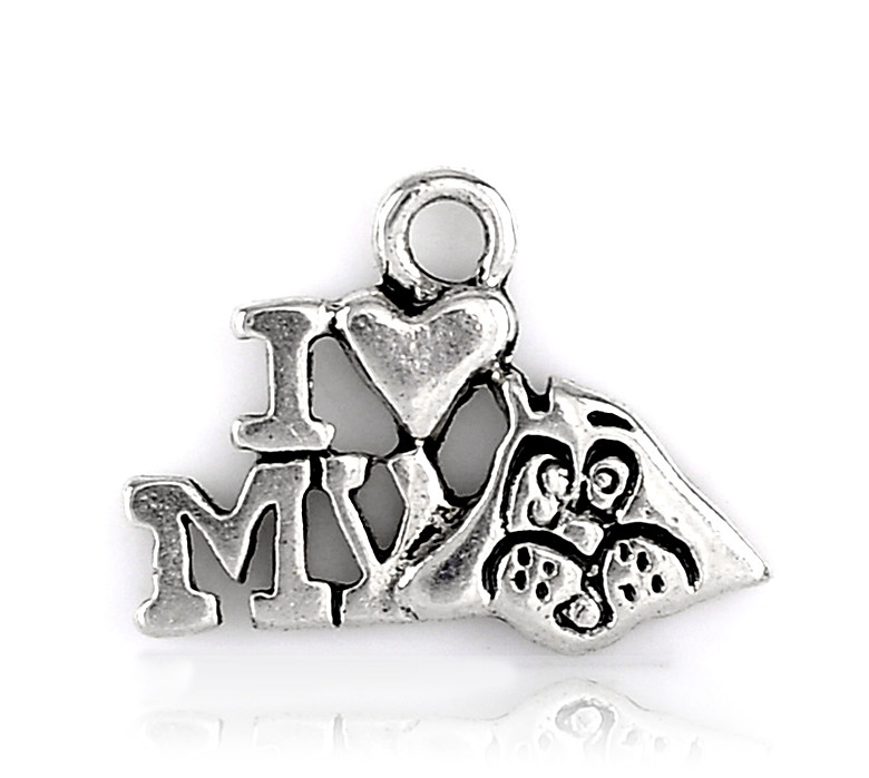 Домашний любимец, Цинковый сплав, Подвеска с надписью I love my, Античное серебро, Надпись и узор, 17мм x 14мм