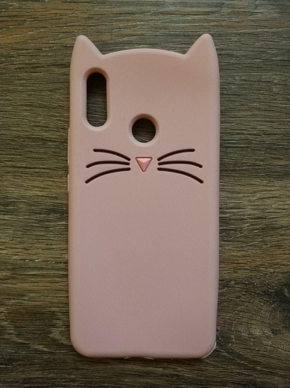 Об'ємний 3d силіконовий чохол для Huawei P Smart Plus Вусатий кіт рожевий