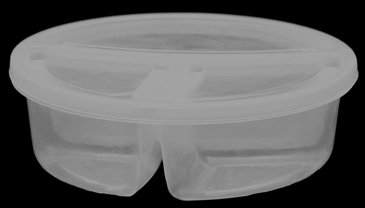 Пластиковий круглий потрійний контейнер (лоток) 1.25 л "Менажниця" з жорсткою кришкою (різні кольори кришки)
