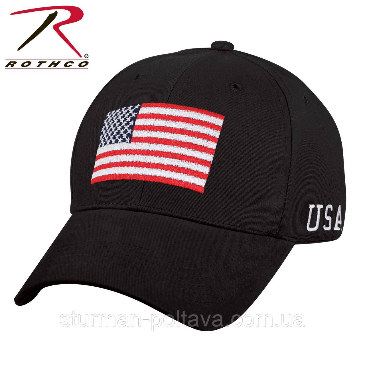 Бейсболка чоловіча з вишивкою прапор USA Flag Low Pro Cap колір чорна бавовна твіл Rotcho USA