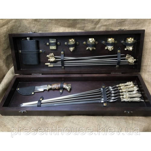 Набір шампурів ручної роботи на подарунок «Бівак » у кейсі з натурального дерева, фото 1