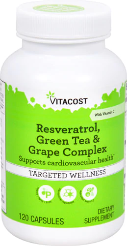 Ресвератрол з зеленим чаєм і виноградом, Vitacost, Resveratrol Green Tea & Grape Complex, 120 капсул