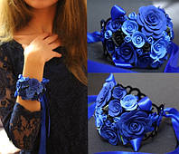 Широкий синий браслет ручной работы из полимерной глины "Синие розы". Подарок девушке, подруге