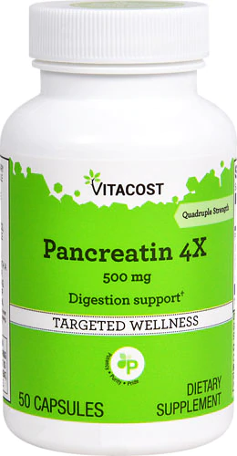 Панкреатин 4X, Vitacost, Pancreatin 4X, 500 мг, 50 капсул