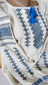 Вишита жіноча сорочка на льоні з синім орнаментом Делікатна" з синім на льоні 48 розмір(льон-бежевий)