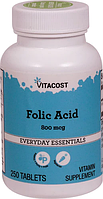 Фолієва кислота, Vitacost, Folic Acid, 800 мкг, 250 таблеток