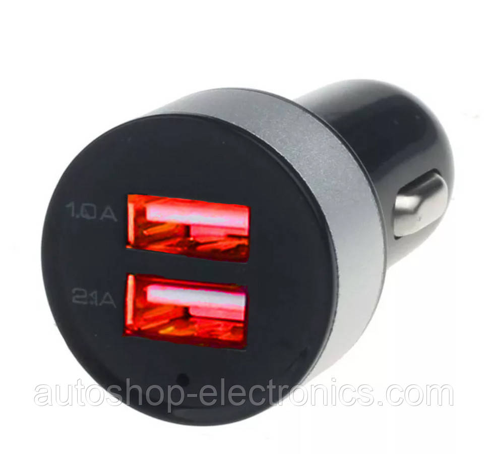Адаптер / Зарядний пристрій (12-24V, 2хUSB, 2.1А) з червоним підсвічуванням