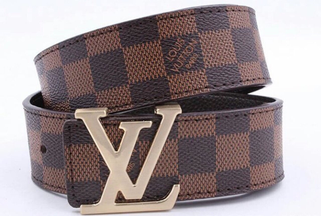 Шкіряний Ремінь чоловічий пояс Louis Vuitton Brown Луї Вітон у клітинку коричневий