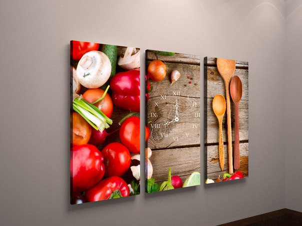 Фотокартина модульна фото картина для кухні на полотні 5 модуля з годинником овочі ложки годинник-картина VE