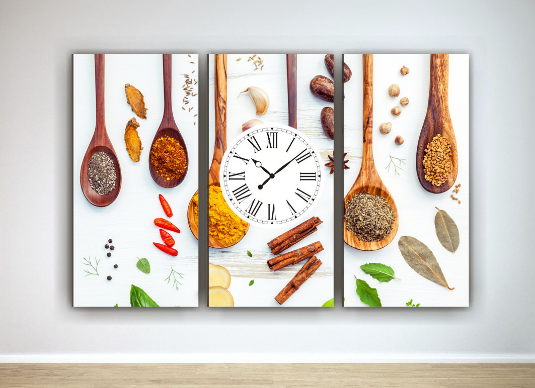 Фотокартина модульна фото картина з годинником на кухню на полотні ложки спеції полотно картина-годинник VE