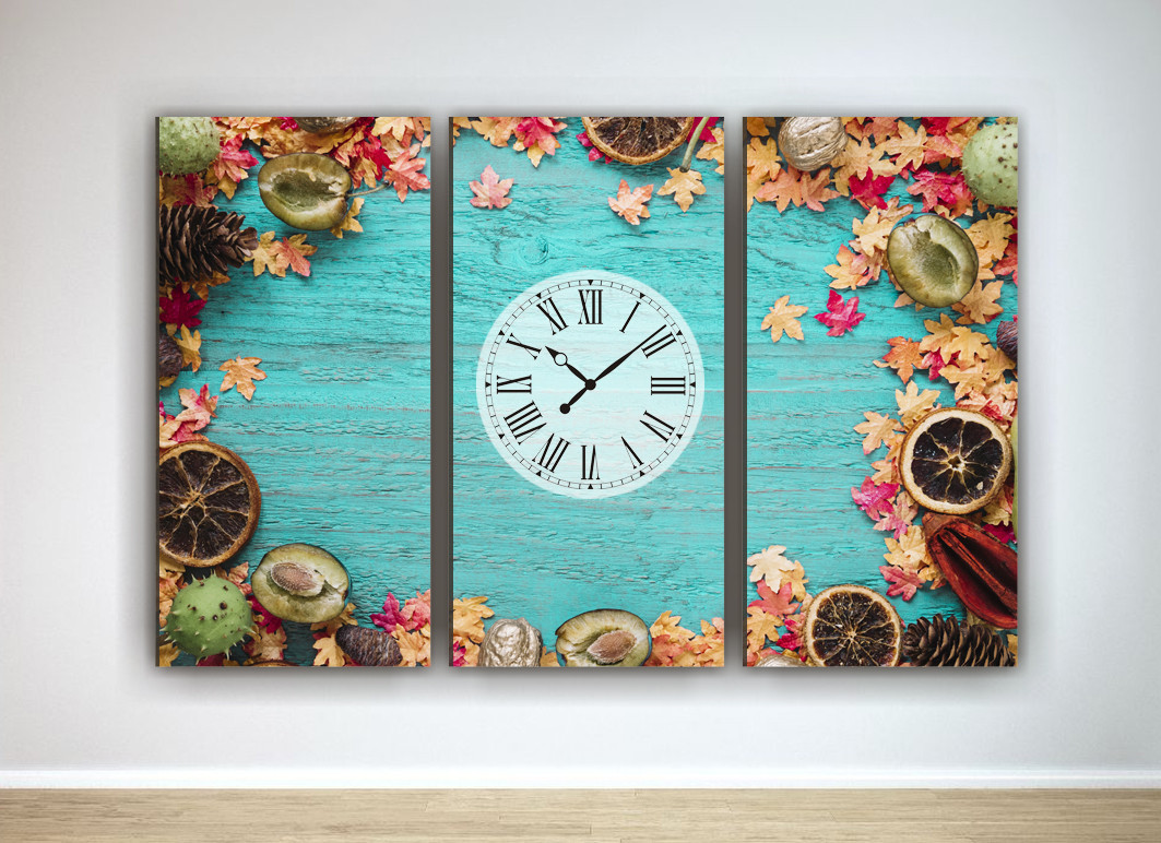 Фотокартина модульна фото картина з годинником годинник на кухню на полотні овочі фрукти 60х90 см VE