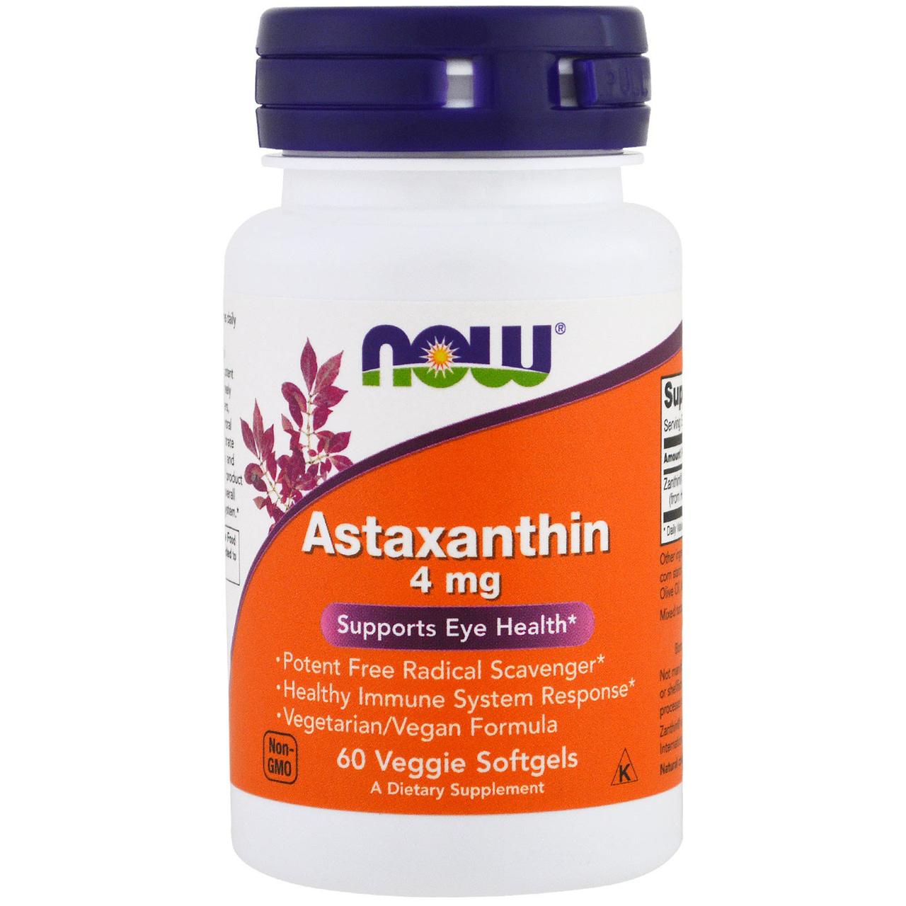 Астаксантин антиоксидант, Now Foods, Astaxanthin, 4 mg, 60 капсул - фото 1 - id-p34376384