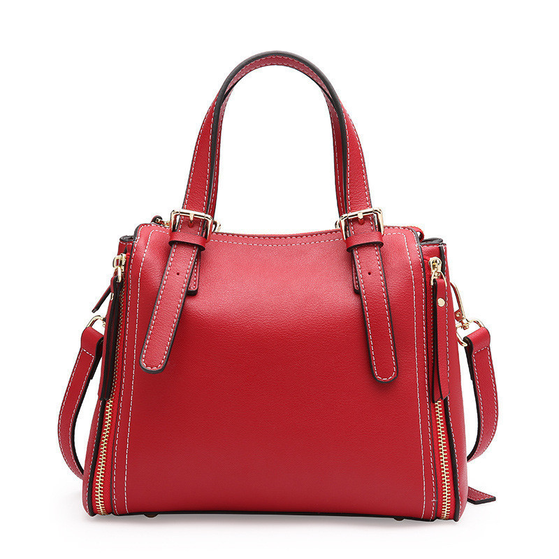 Молодіжна червона шкіряна сумка з блискавками, фото 1