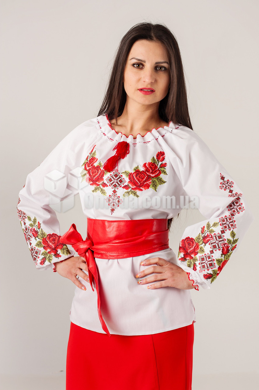 Женская вышиванка традиционная с красными розами и орнаментом Зоряна, нарядная белая блуза вышитая - фото 1 - id-p83465283