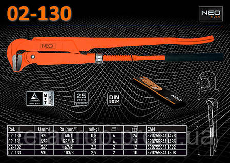 Ключ трубний тип "90" L-320 мм, Ra-40/1.0мм/", m = 0.8kg., кований, NEO 02-130, фото 2
