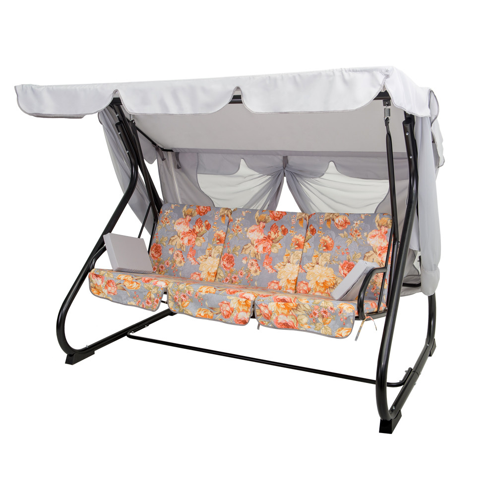 Садова гойдалка-диван Vitan Вілла бязь квіти на сірому тлі металева розбірна, фото 1
