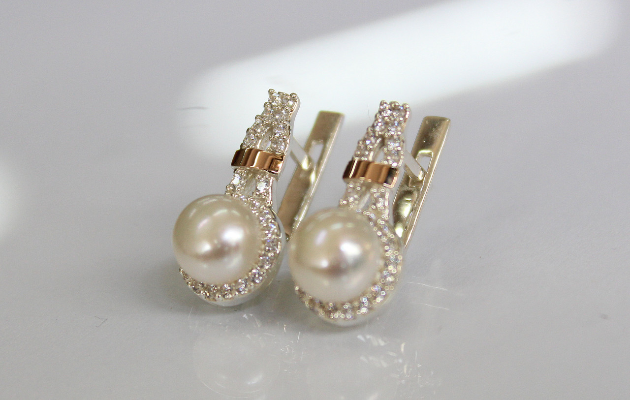 Срібні сережки з перлами і золотими вставками, фото 1