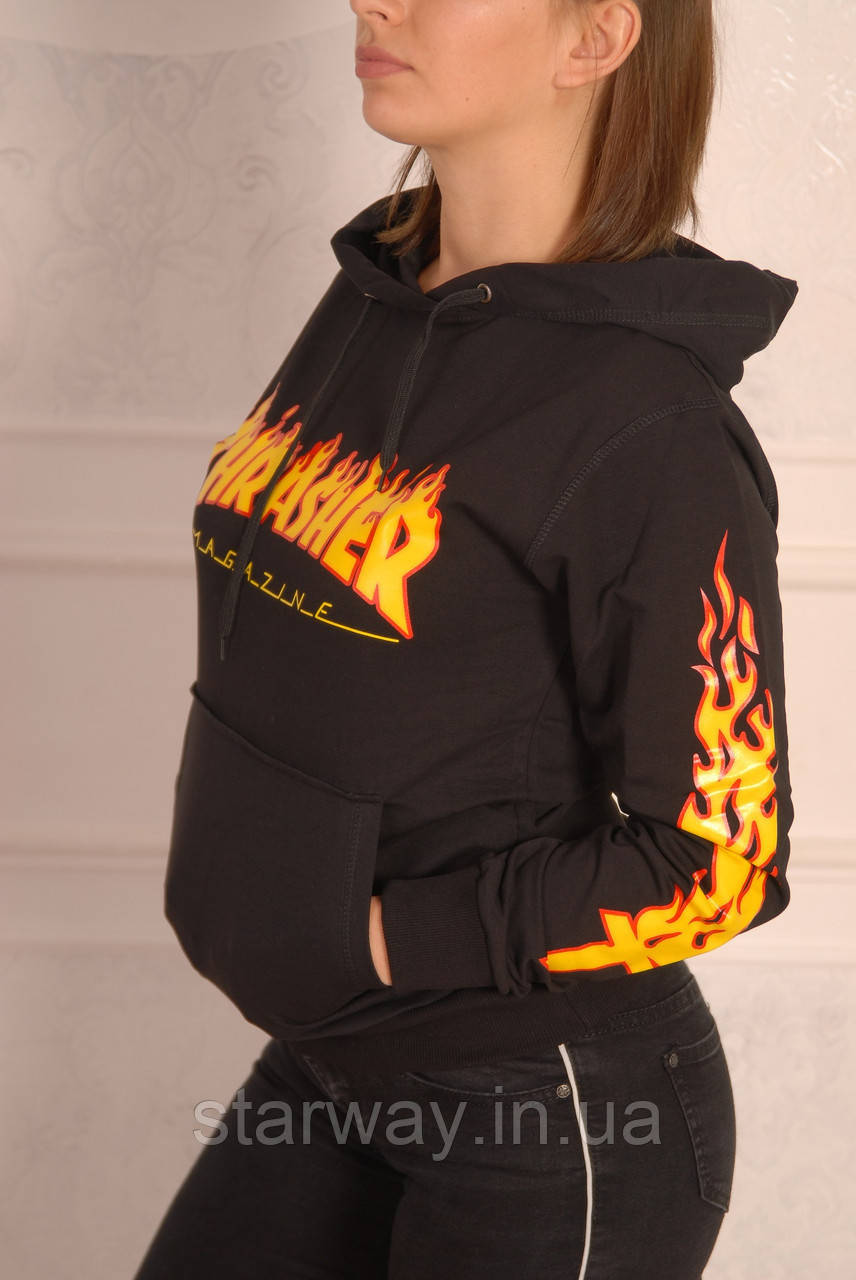 Чорна толстовка thrasher logo | худі унісекс