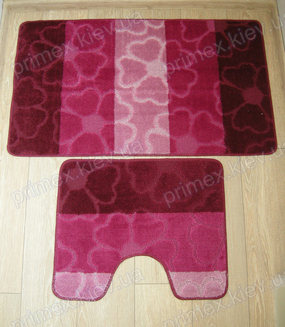 Набір килимків для ванної, 60х100 + 60х50см. "Квіти з сердечок", колір бургундського вина