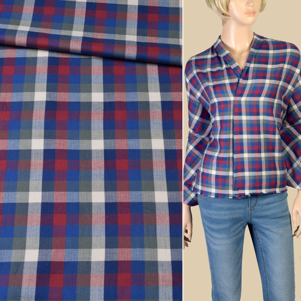 Коттон синій в червоно-біло-сіру клітку ш.147