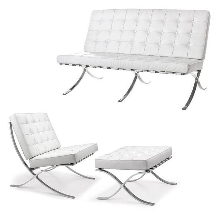 Комплект Барселона двомісний диван, крісло та отоманка, колір білий, дизайн Van der Rohe