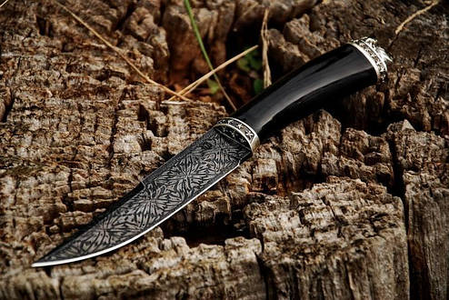 Авторський колекційний ніж ручної роботи інкрустований камінням "Mysterious stranger", мозаїчний дамаск, фото 2