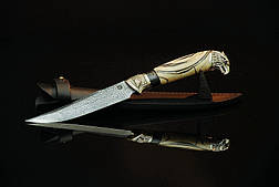 Колекційний ніж із бивня мaмoнта, інкрустований камінням "Сокол", мозаїчний дамаск, фото 3