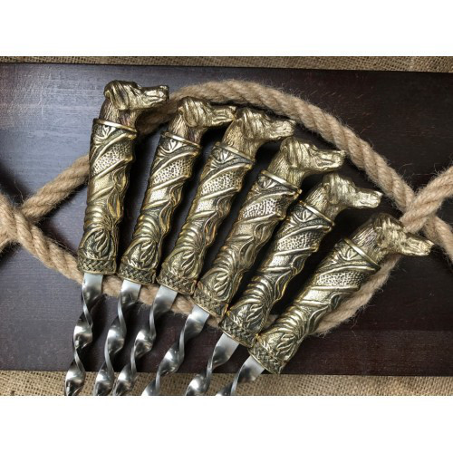Шампуры с бронзовыми рукоятками "Охотничьи псы", в футляре из древесины бука - фото 2 - id-p735049315